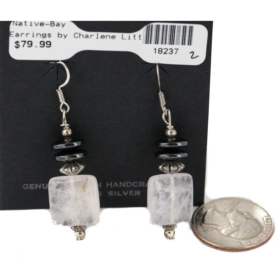 Heart .925 Sterling Silver Hooks Certified Authentic Navajo Natural Turquoise Pink Quartz and Hematite Native American Set 18234-3-18237-2