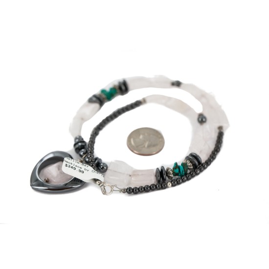 Heart .925 Sterling Silver Hooks Certified Authentic Navajo Natural Turquoise Pink Quartz and Hematite Native American Set 18234-3-18237-2