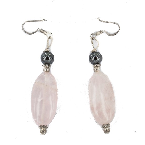 .925 Sterling Silver Hooks Certified Authentic Navajo Natural Turquoise Pink Quartz and Hematite Native American Set 18234-2-18239-2