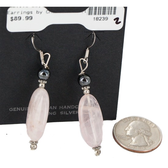 .925 Sterling Silver Hooks Certified Authentic Navajo Natural Turquoise Pink Quartz and Hematite Native American Set 18234-2-18239-2