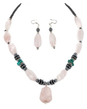 .925 Sterling Silver Hooks Certified Authentic Navajo Natural Turquoise Pink Quartz and Hematite Native American Set 18234-2-18239-2