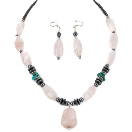 .925 Sterling Silver Hooks Certified Authentic Navajo Natural Turquoise Pink Quartz and Hematite Native American Set 18234-2-18239-2