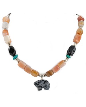 Carved Animal Bear .925 Sterling Silver Navajo Natural Turquoise Black Onyx Snowflake Obsidian Carnelian Native American Necklace 18234-4