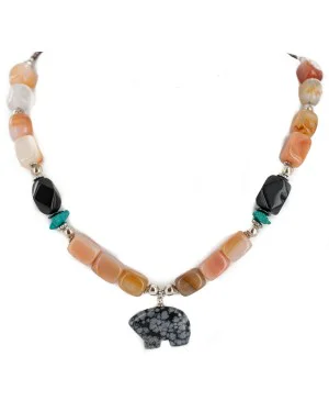 Carved Animal Bear .925 Sterling Silver Navajo Natural Turquoise Black Onyx Snowflake Obsidian Carnelian Native American Necklace 18234-4 Carved Animal Bear .925 Sterling Silver Navajo Natural Turquoise Black Onyx Snowflake Obsidian Carnelian Native American Necklace 18234-4