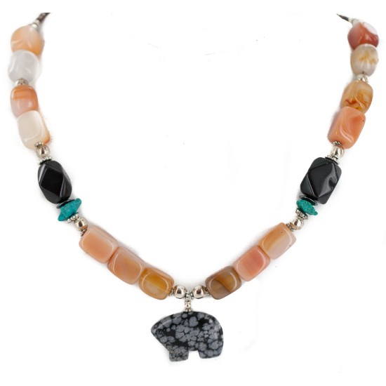 Carved Animal Bear .925 Sterling Silver Navajo Natural Turquoise Black Onyx Snowflake Obsidian Carnelian Native American Necklace 18234-4 Carved Animal Bear .925 Sterling Silver Navajo Natural Turquoise Black Onyx Snowflake Obsidian Carnelian Native American Necklace 18234-4