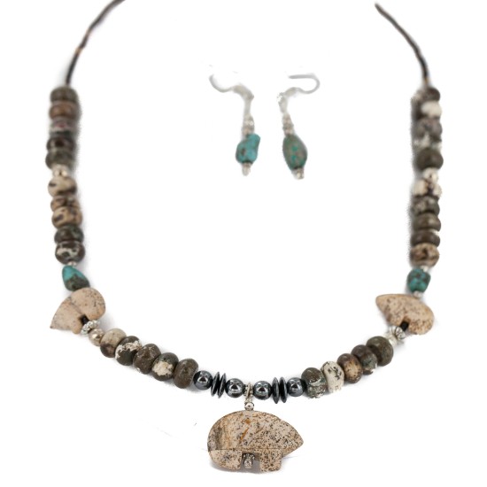 Carved Fetish Bear .925 Sterling Silver Hooks Certified Authentic Navajo Natural Turquoise and Jasper Native American Set 18234-1-18238