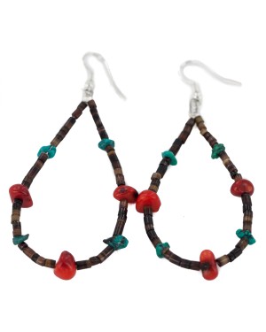 Certified Authentic .925 Sterling Silver Hooks Natural Turquoise Heishi Coral Hoop Native American Dangle Earrings 18248