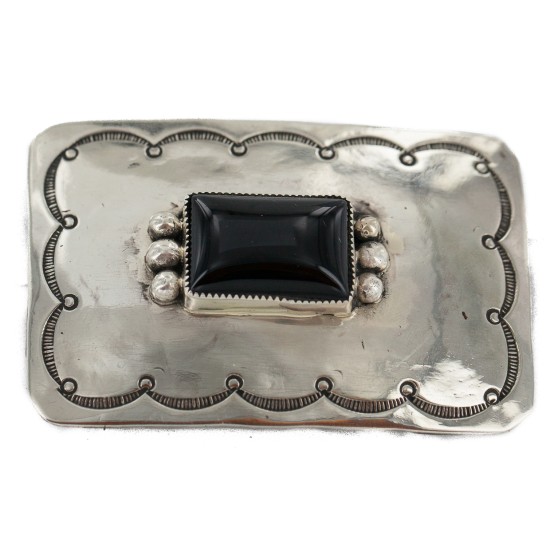 Certified Authentic Handmade Navajo Nickel Natural Black Onyx Native American Buckle 1219-2