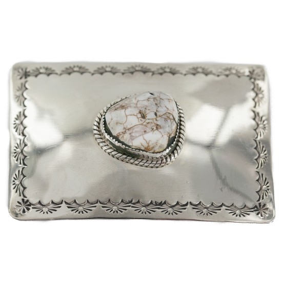 Certified Authentic Handmade Navajo Nickel Natural White Buffalo Native American Buckle 1217-1