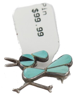 Certified Authentic Handmade Road Runner Navajo .925 Sterling Silver Natural Turquoise Black Onyx Native American Pin Pendant 193-2