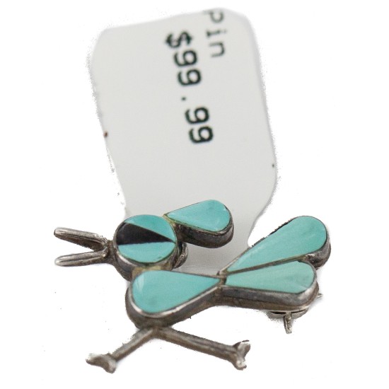 Certified Authentic Handmade Road Runner Navajo .925 Sterling Silver Natural Turquoise Black Onyx Native American Pin Pendant 193-2