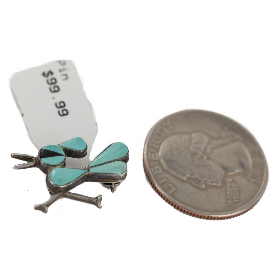 Certified Authentic Handmade Road Runner Navajo .925 Sterling Silver Natural Turquoise Black Onyx Native American Pin Pendant 193-2