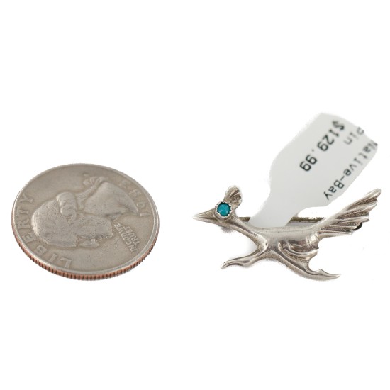 Certified Authentic Handmade Road Runner Navajo .925 Sterling Silver Natural Turquoise Native American Pin  192-10
