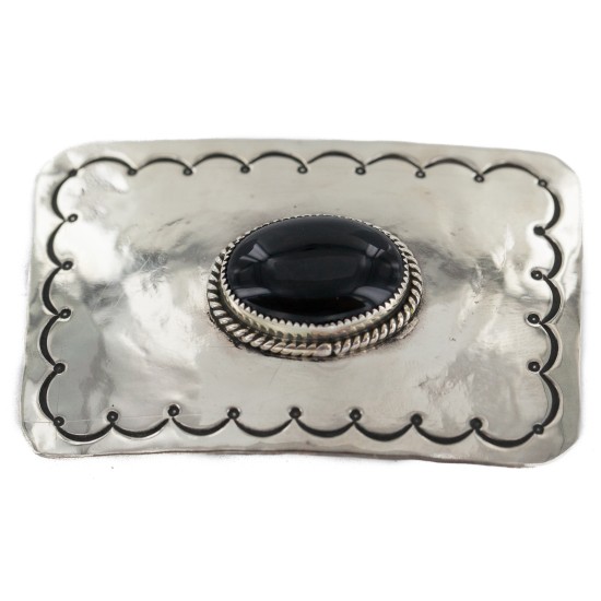 Handmade Certified Authentic Navajo Nickel Natural Black Onyx Native American Buckle 1219-1
