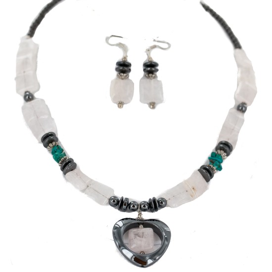 Heart .925 Sterling Silver Hooks Certified Authentic Navajo Natural Turquoise Pink Quartz and Hematite Native American Set 18234-3-18237-2