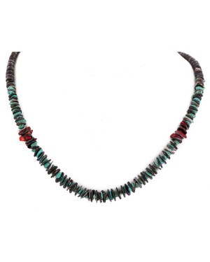 Navajo .925 Sterling Silver Certified Authentic Natural Turquoise Graduated Heishi Coral Native American Necklace 18232