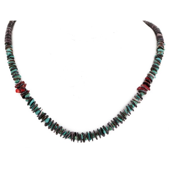 Navajo .925 Sterling Silver Certified Authentic Natural Turquoise Graduated Heishi Coral Native American Necklace 18232