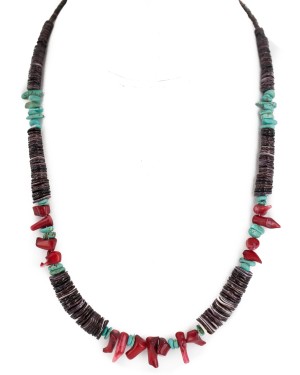 Navajo .925 Sterling Silver Certified Authentic Natural Turquoise Graduated Heishi Coral Native American Necklace 18240-2 Navajo .925 Sterling Silver Certified Authentic Natural Turquoise Graduated Heishi Coral Native American Necklace 18240-2