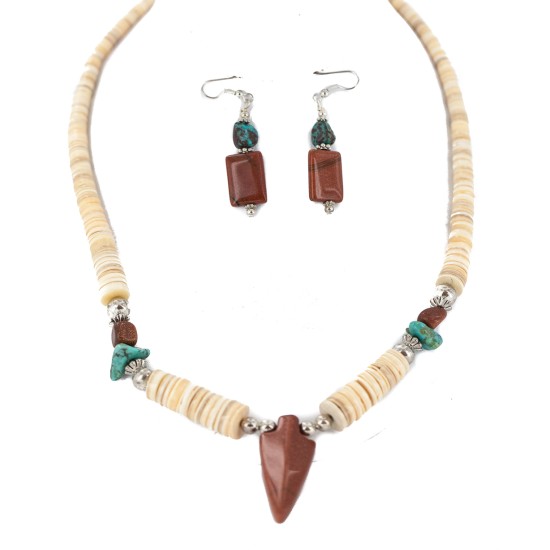 Navajo Arrowhead .925 Sterling Silver Hooks Certified Authentic Natural Turquoise Graduated Heishi Goldstone Native American Set 16006-300-18237-4