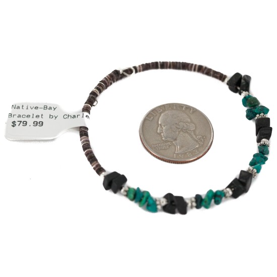 Navajo Certified Authentic Natural Turquoise Heishi Black Onyx Native American Adjustable Wrap Bracelet 13150