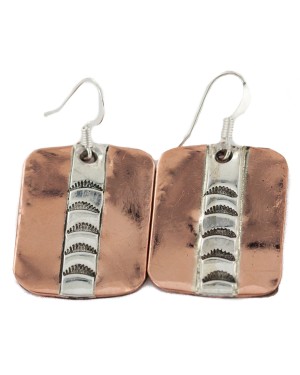 Certified Authentic Handmade .925 Sterling Silver Navajo Native American Pure Copper Dangle Earrings 18249-5