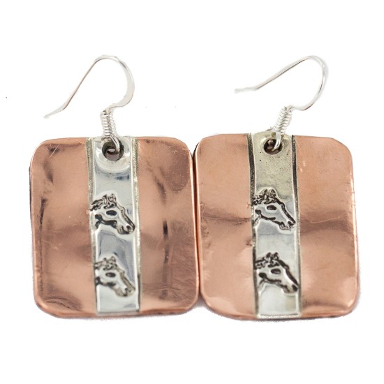 Certified Authentic Horse Head Handmade .925 Sterling Silver Navajo Native American Pure Copper Dangle Earrings 18249-6