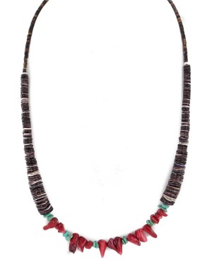 Navajo .925 Sterling Silver Certified Authentic Natural Turquoise Graduated Heishi Coral Native American Necklace 750206