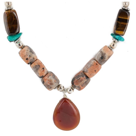 .925 Sterling Silver Certified Authentic Navajo Natural Turquoise Jasper Tigers Eye Native American Necklace 750209-9 .925 Sterling Silver Certified Authentic Navajo Natural Turquoise Jasper Tigers Eye Native American Necklace 750209-9