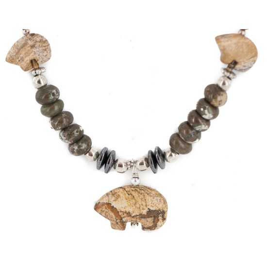 Carved Fetish Bear .925 Sterling Silver Certified Authentic Navajo Natural White Green and Red Jasper Hematite Native American Necklace 750209-7