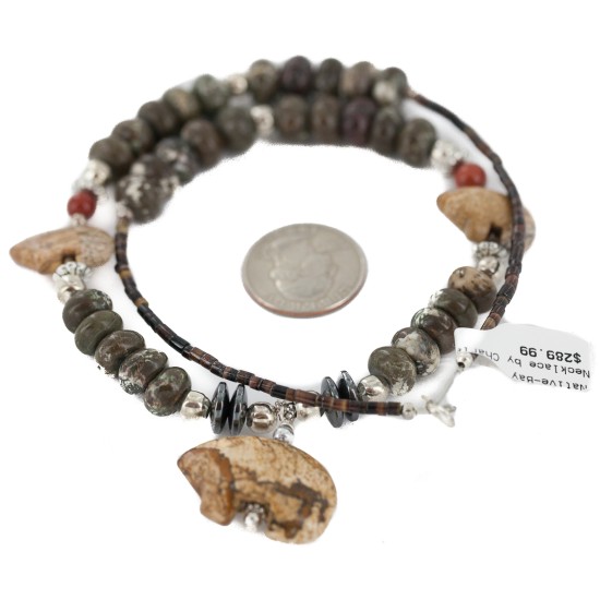 Carved Fetish Bear .925 Sterling Silver Certified Authentic Navajo Natural White Green and Red Jasper Hematite Native American Necklace 750209-7