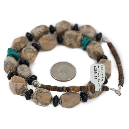 .925 Sterling Silver Certified Authentic Navajo Natural Turquoise Jasper Black Onyx Native American Necklace 750209-5