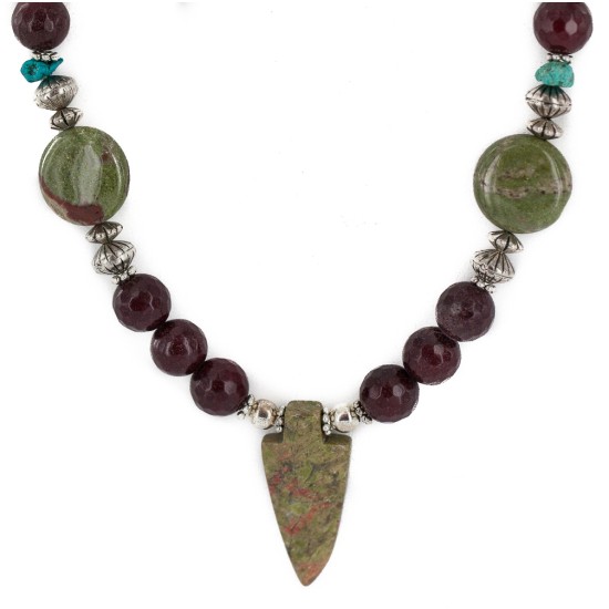 Arrow head .925 Sterling Silver Certified Authentic Navajo Natural Green and Red Jasper Native American Necklace 750208-3