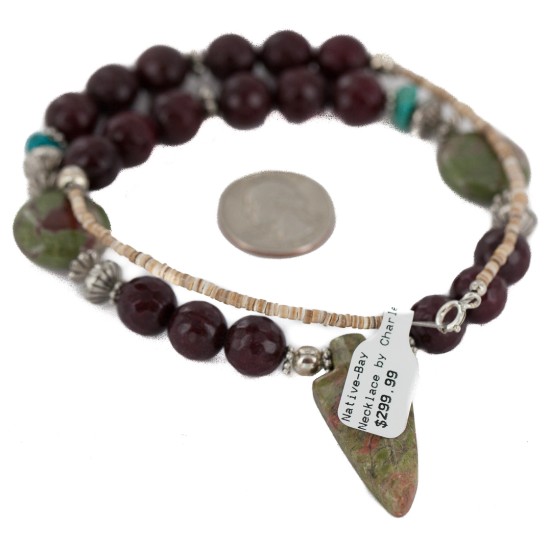 Arrow head .925 Sterling Silver Certified Authentic Navajo Natural Green and Red Jasper Native American Necklace 750208-3