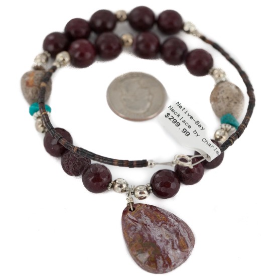 Certified Authentic .925 Sterling Silver Navajo Natural Turquoise Red Jasper Native American Necklace  750208-7