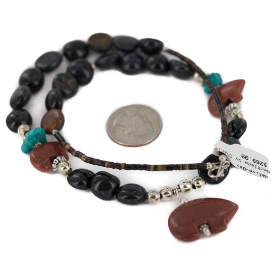 Carved Fetish Bear .925 Sterling Silver Certified Authentic Navajo Natural Turquoise Goldstone Agate Native American Necklace 750207-3