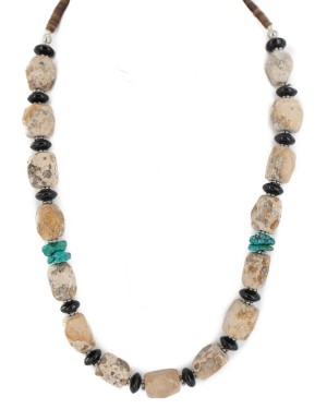 .925 Sterling Silver Certified Authentic Navajo Natural Turquoise Jasper Black Onyx Native American Necklace 750209-5
