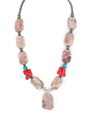 .925 Sterling Silver Certified Authentic Navajo Natural Turquoise Jasper Hematite Coral Native American Necklace 750208-1