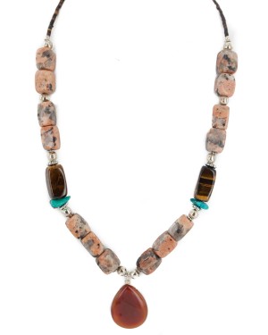 .925 Sterling Silver Certified Authentic Navajo Natural Turquoise Jasper Tigers Eye Native American Necklace 750209-9