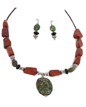 .925 Sterling Silver Hooks Certified Authentic Navajo Natural Turquoise Red Jasper Black Onyx Native American Set 750208-2-18251-3