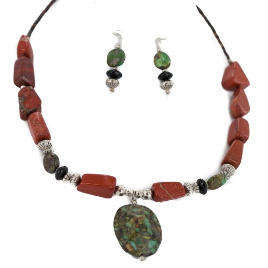.925 Sterling Silver Hooks Certified Authentic Navajo Natural Turquoise Red Jasper Black Onyx Native American Set 750208-2-18251-3