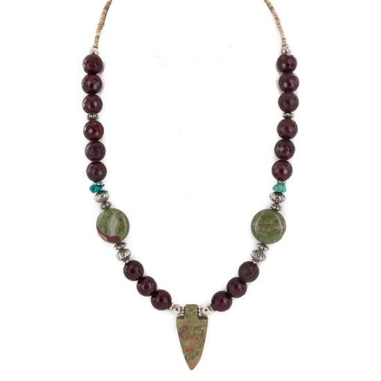 Arrow head .925 Sterling Silver Certified Authentic Navajo Natural Green and Red Jasper Native American Necklace 750208-3