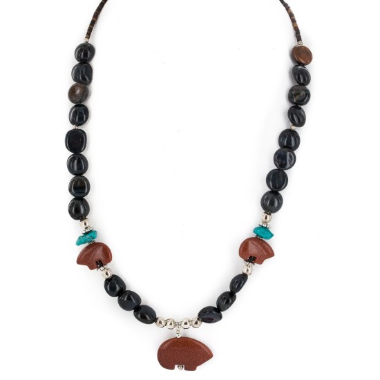 Carved Fetish Bear .925 Sterling Silver Certified Authentic Navajo Natural Turquoise Goldstone Agate Native American Necklace 750207-3