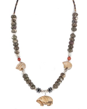 Carved Fetish Bear .925 Sterling Silver Certified Authentic Navajo Natural White Green and Red Jasper Hematite Native American Necklace 750209-7