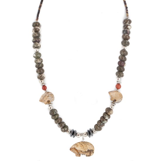 Carved Fetish Bear .925 Sterling Silver Certified Authentic Navajo Natural White Green and Red Jasper Hematite Native American Necklace 750209-7