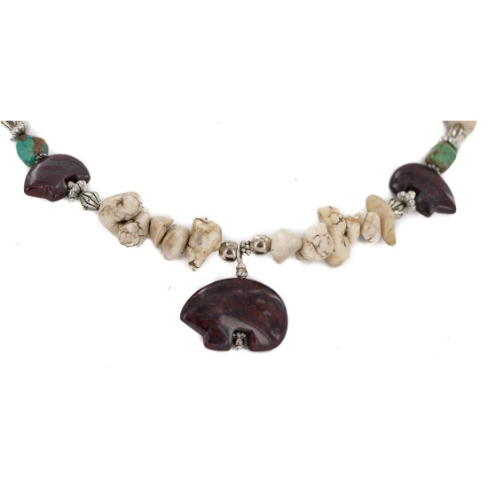 Carved Fetish Bear .925 Sterling Silver Hooks Certified Authentic Navajo White Howlite Red Jasper Native American Set 750209-4-18252-6