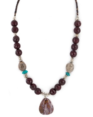 Certified Authentic .925 Sterling Silver Navajo Natural Turquoise Red Jasper Native American Necklace  750208-7