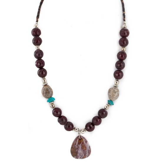 Certified Authentic .925 Sterling Silver Navajo Natural Turquoise Red Jasper Native American Necklace  750208-7