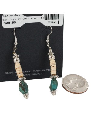 Navajo .925 Sterling Silver Hooks Certified Authentic Natural Turquoise Melon Shell Native American Dangle Earrings 18252-1