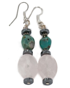 Navajo .925 Sterling Silver Hooks Certified Authentic Natural Turquoise Pink Quartz Hematite Native American Dangle Earrings 18252-2