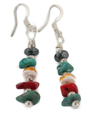 Navajo .925 Sterling Silver Hooks Certified Authentic Natural Turquoise Spiny Oyster Coral Hematite Native American Dangle Earrings 18251-6